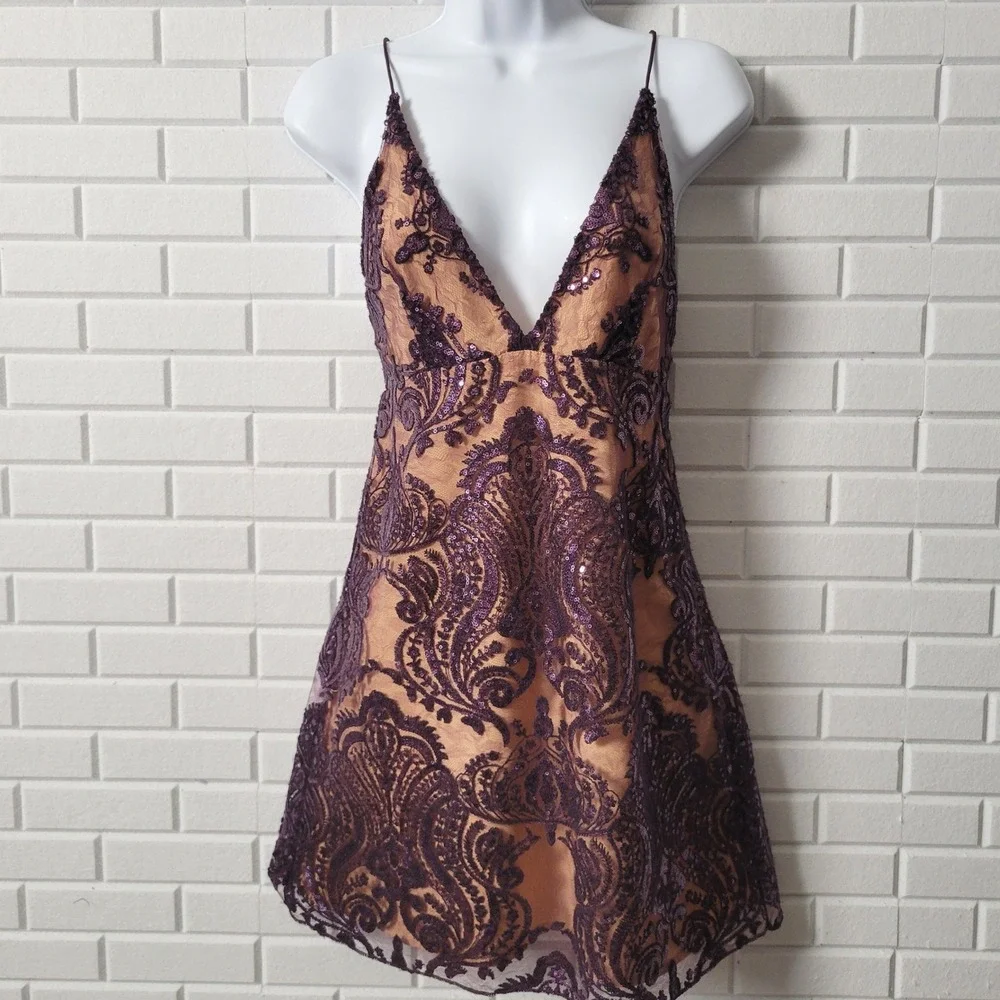 Free People Night Shimmers Mini Dress Sz 2 Purple Sequin Flapper Cocktail